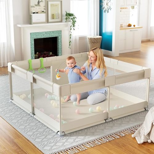 Fodoss Baby Playpen, Upgrade Playpen for Babies and Toddlers, 47x47x26inch Beige Play Pen for Babies with Hand Pulling Ring, Play Pen Center for Kids,Baby Fence,Baby Playards - 47x47inch Beige - 47x47 Inch