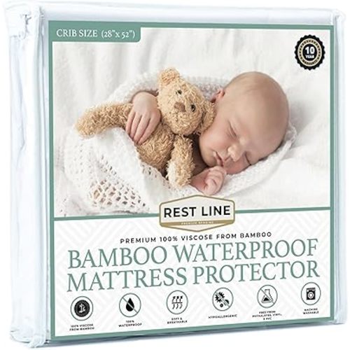Crib Size 28x52” Premium Bamboo Waterproof Mattress Protector 100% Viscose from Bamboo, Hypoallergenic, Cooling Mattress Pad Cover, Soft Breathable Fitted Sheet Style up to 18" Deep - Rest Line