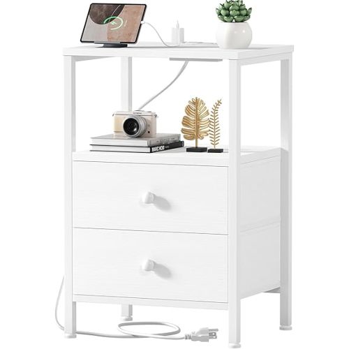 White Night Stand with Charging Station and USB Ports, Small Nightstand with Drawers and Shelf Storage End Table for Bedroom, Dorm, Modern Bedside Table