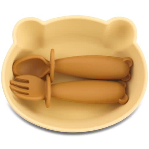 teensy peepsy Silicone Baby Bowl Suction Baby Spoon Baby Fork for Babies 6 months+ Suction Bowls for Baby Utensils 6-12M+ BLW Baby Essentials Newborn Essentials Must Haves (Very Bear), BBSF3