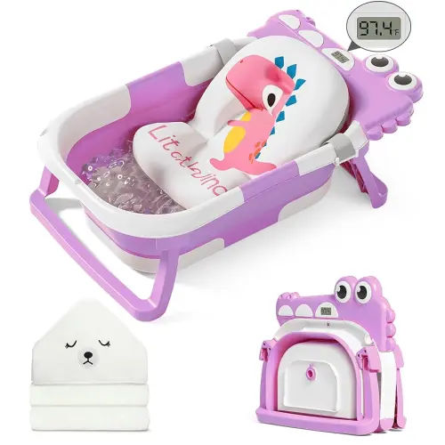 MoreFeel Collapsible Baby Bathtub for Newborn with Thermometer & 1 Hooded Towel & 1 Soft Floating Cushion,Portable Travel Bathtub with Drain Hole, Durable Foldable Baby Tubs for Infants to Toddler