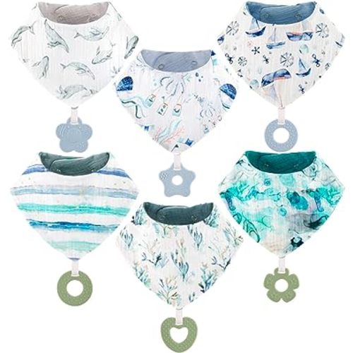 vuminbox Baby Bandana Drool Bibs 6-Pack and Teething Toys 6-Pack Made with 100% Organic Cotton, Absorbent and Soft Unisex