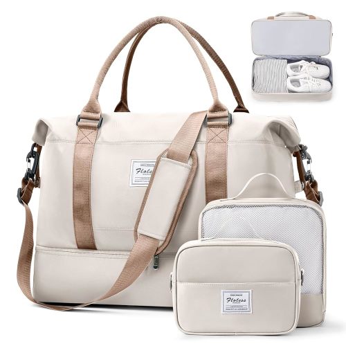 Weekender Bags for Women, Travel Duffel Bags with Shoe Compartment & Wet Pocket,Travel Bag for Airlines,Carry on Overnight Tote Bag for women with Toiletry Bag,3Pcs Set,Beige & Brown