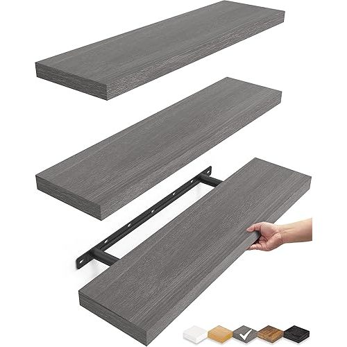 BAYKA Floating Shelves for Wall, 22.5 inches Wall Mounted Rustic Wood Shelves for Bathroom, Bedroom, Living Room, Floating Shelves for Books/Storage/Decor (Grey,Set of 3)