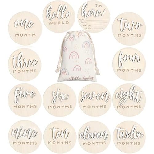 3D Baby Milestone Wooden Circles Hello World Newborn Sign 7 Pack Double Sided Monthly Milestone Cards Sign Baby Announcement Sign for Newborn Shower Photo Props(White)