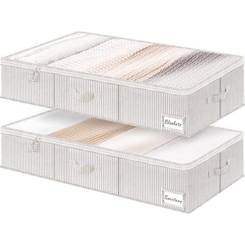 StorageWorks Underbed Storage Bins, Under Bed Storage Containers with Zippers, Closet Organizer for Clothes, Blankets, Gray and White Stripes, Jumbo, 2 Pack