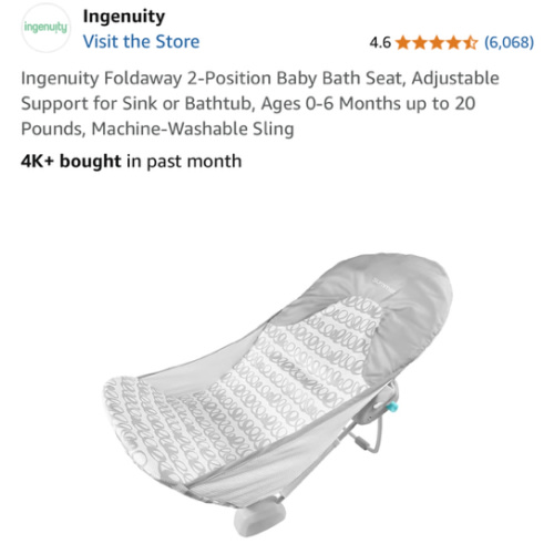 Ingenuity Foldaway 2-Position Baby Bath Seat, Adjustable Support for Sink or Bathtub, Ages 0-6 Months up to 20 Pounds, Machine-Washable Sling