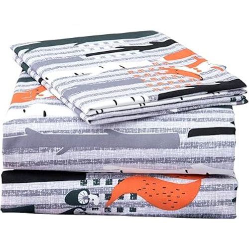 JSD Woodland Animals Kids Printed Sheets Set Twin, 3 Piece Soft Fox Microfiber Bed Sheets Deep Pocket