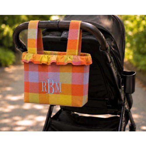 Stroller Caddy Bag Tote Organizer Ruffle Name Monogram Tag Custom Embroidery  Wipes Diaper Snack Madras Plaid Disney Trip Park Zoo Walks
