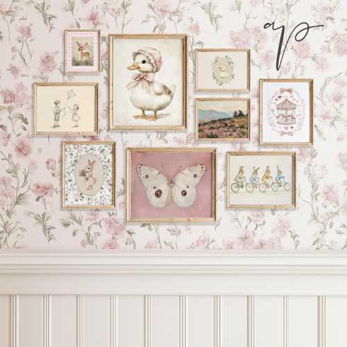 Blush Pink Nursery Gallery Wall Set, Vintage Girls Room Decor, Floral Kids Room Gallery Art Set, Antique Storybook Pictures #9052