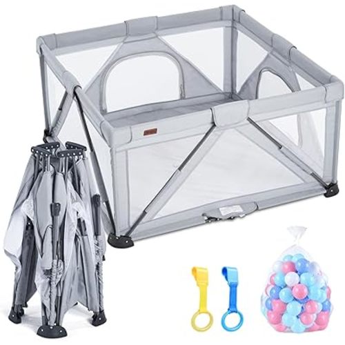 Baby Playpen Foldable, Playard for Babies and Toddlers, Portable Playpen Activity Center with 50 Balls+2 Handles for Travel, Indoor & Outdoor Play Pen with Mesh 50''x50''