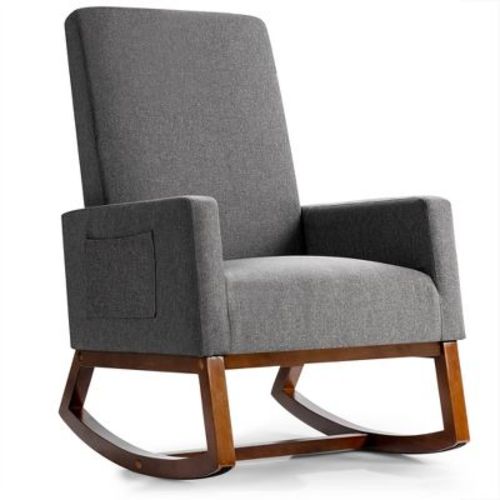 Costway Mid Century Retro Fabric Upholstered Rocking Chair Nursery Armchair Gray