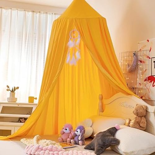 Dix-rainbow Princess Decor Canopy for Kids Bed, Soft and Durable Bed Canopy for Girls Room Tent Canopy Dreamy Mosquito Net Bedding, Children Reading Nook Canopies Indoor(Yellow)