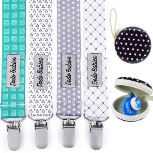 Dodo Babies Pacifier Clip Set - Four Clips Plus Binky Case - Universal Holder Fits Most Paci Brands, Teether Toys And Car Seats