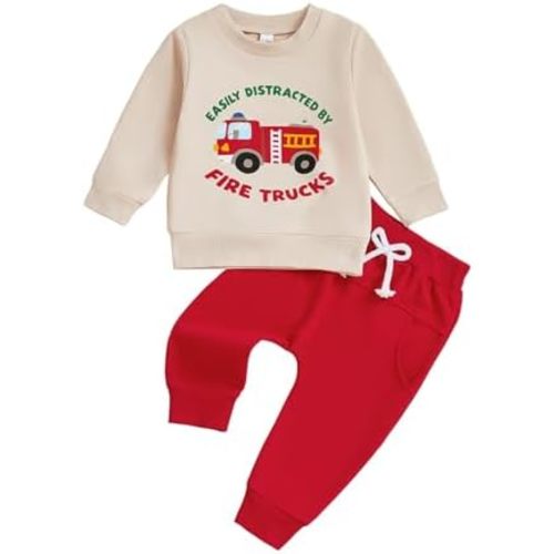 Toddler Baby Boy Fire Truck Sweatshirt Long Sleeve T-Shirt Pants Set Firefighter Outfit Fall Clothes
