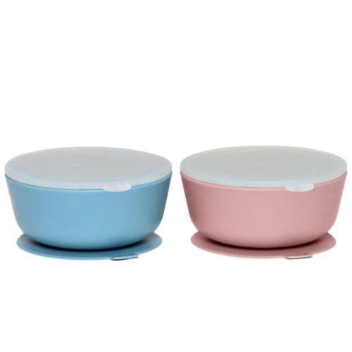 Weesprout Suction Bowls for Baby & Toddlers, 100% Silicone with Plastic Lid, 12 oz - Bright Purple + Muted Pink, Set of 2