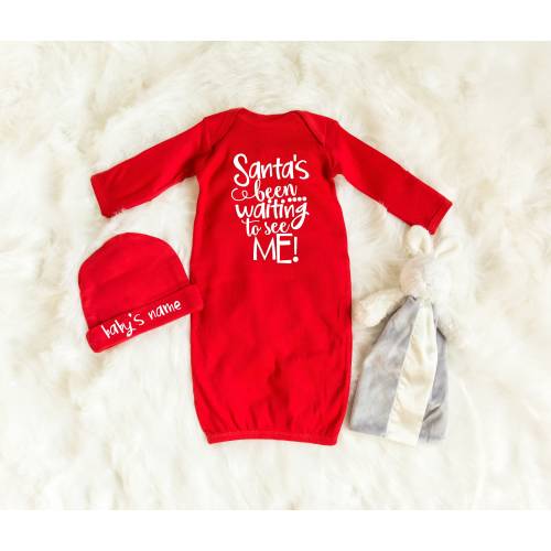 Christmas Sleeper - Santa Baby Pajamas - My 1st Christmas - Beanie with Name - Baby Layette Set - Newborn Gown - Coming Home Outfit