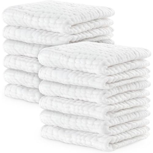 Comfy Cubs Muslin Baby Washcloths 10 Pack - Soft 6-Layer Cotton Wash Cloths for Sensitive Skin - 10"x10" Large, Gentle, Absorbent Infant Essentials for Newborn and Toddlers - White