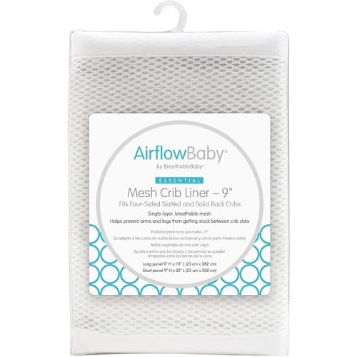 AirflowBaby Breathable Mesh Liner for Full-Size Cribs, 9"H (23cm) Essential 2mm Mesh, White (Size 4FS Covers 3 or 4 Sides)