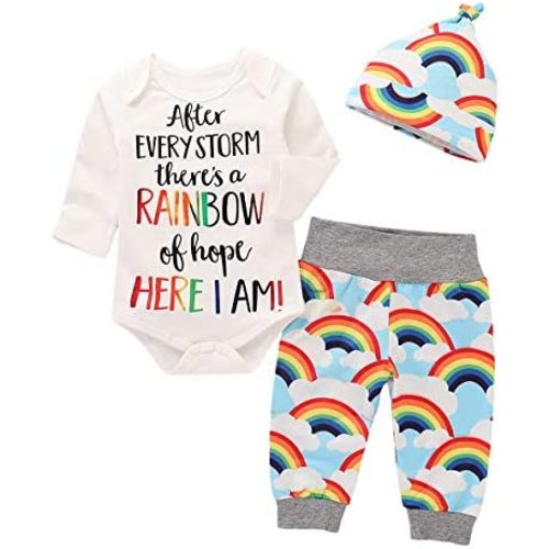 HAPPYMA Newborn Infant Baby Boy Girls Rainbow Outfits Letter Print Romper + Cloud Rainbow Pants + Hat 3Pcs Clothes Set
