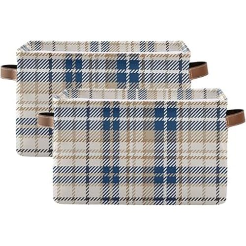 Pfrewn Storage Basket Bins Foldable Laundry Hamper Toy Blue Tan and Beige Plaid Cowboy Storage Bins Box Organizer for Home Boys Girls Office Closet Shelf Nursery Baskets,2 pcs