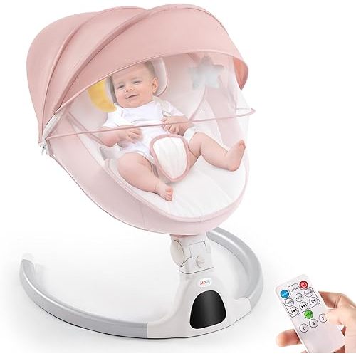 Jaoul Baby Swing for Infants - Electric Portable Newborn Bouncer With Bluetooth Touch Screen/Remote Control, Timing Function, 5 Speeds, 3 Seat Positions for Boys and Girls (Pink)