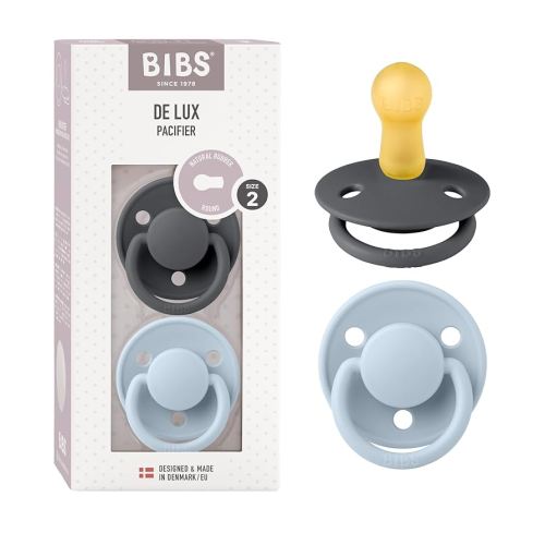 BIBS Pacifiers - De Lux Collection | BPA-Free Baby Pacifier | Made in Denmark | Set of 2 Iron/Baby Blue Color Premium Soothers | Size 6-18 Months
