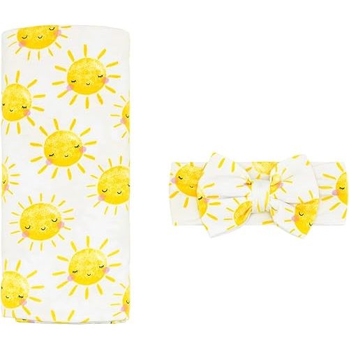 Little Sleepies Swaddle & Headband Bow Set, Viscose from Bamboo Baby Swaddles, Newborn Baby Girl Clothes (Luxe Sunshine)