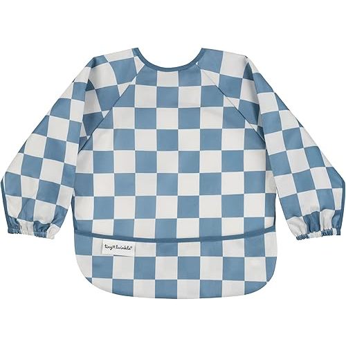 Tiny Twinkle Mess Proof Baby Bib|Waterproof Smock Bib for Eating,Machine Washable Full Sleeve with Pocket(Checkers Blue, Small 6-24 Months)