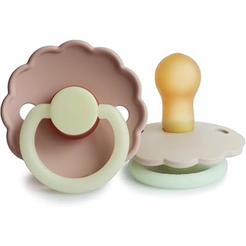 FRIGG Daisy Night Natural Rubber Baby Pacifier | Made in Denmark | BPA-Free (Blush/Cream, 0-6 Months) 2-Pack