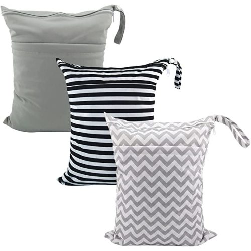 ALVABABY 3 Pack Baby Cloth Diaper Wet Dry Bags Waterproof Reusable with Two Pockets Travel Beach Pool Daycare Soiled Baby Items Yoga Gym Bag for Swimsuits or Wet Clothes Sets - 01Grey&Stripe&Wave - 3 Piece Assortment