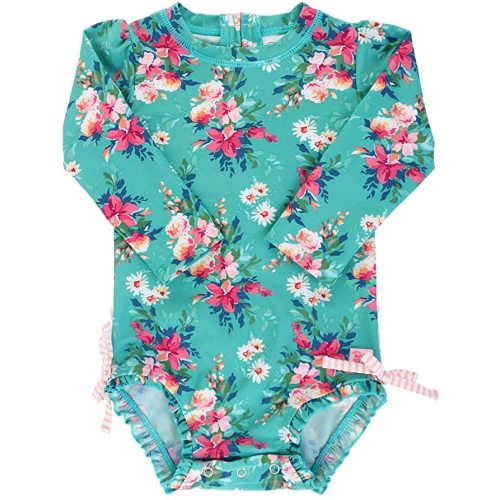 RuffleButts® Baby/Toddler Girls Long Sleeve One Piece Swimsuit with UPF 50+ Sun Protection - 6-12 Months - Fancy Me Floral