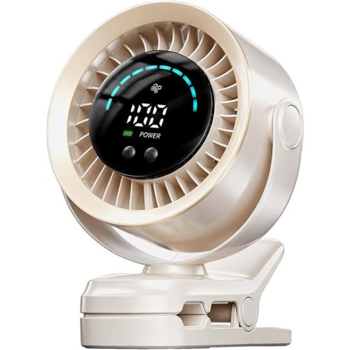 Portable Clip on Fan, Rechargeable USB Desk Fan with Turbo Airflow, 100 Speeds LED Display, 360° Rotation, Small Quiet Battery Powered Fan for Stroller Outdoor Travel Camping Golf Cart, White