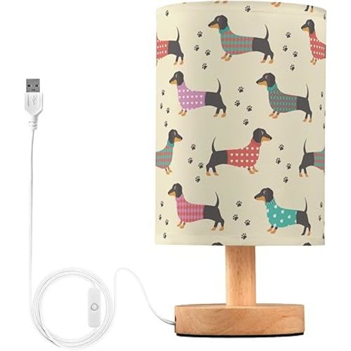 Bedside Table Lamp Cute Dachshunds Dog Paw Nightstand Lamp with Wood Base Night Light Linen Fabric Shade for Bedroom Living Room Nursery Office Desk