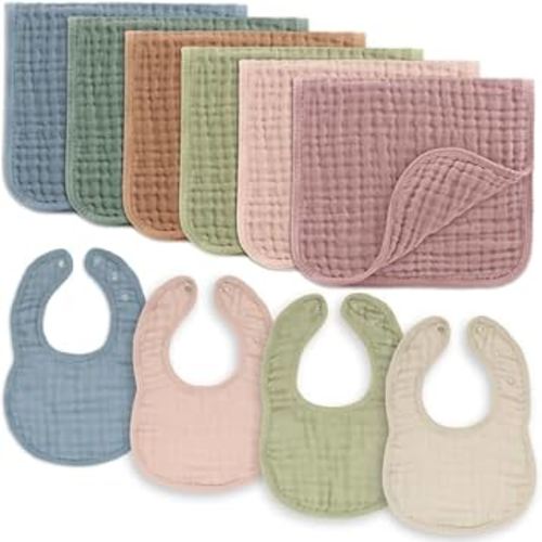 Comfy Cubs Baby Bibs & Burp Cloths Set Large - 6 Pack Muslin Burp Cloths & 4 Pack Muslin Bibs, Multicolor - Muslin Cotton Burp Bibs - Baby Essentials 6 Layers Extra Absorbent and Soft Boys & Girls