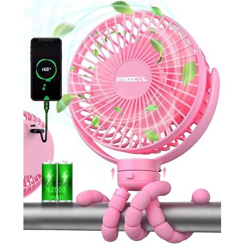 FRIZCOL Portable Stroller Fan, Use As Power Bank, 55H 12000mAh Battery Operated Fan Flexible Tripod Baby Car Seat Fan, Personal Mini Handheld/Desk/Small Clip On Fans For Stroller, Carseat (Pink)