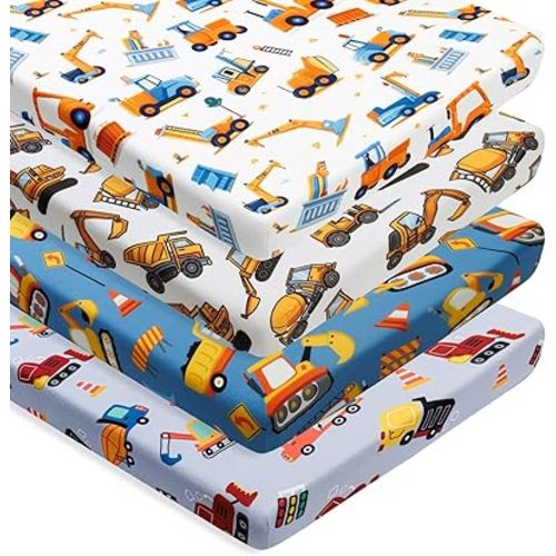 4 Pack Baby Boy Pack N Play Mini Crib Sheets Soft Fitted Baby Boy Mattress Covers Construction Truck Theme Breathable Toddler Sheets for Infant (Construction Truck, Pack N Play Mini Crib Sheets)