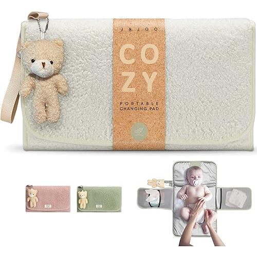 J&Joo Portable Diaper Changing Pad - Ultra Soft, Extra Padded, Waterproof Baby Changer Travel Essential, EZ Access Mesh Pockets, Gift for Baby Shower, Newborn Girls and Boys, 0-12 Months