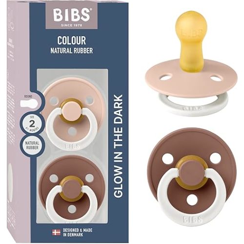 BIBS Colour Night Glow in The Dark Soother 2-Pack, BPA Free Dummy Pacifier, Round Nipple. Natural Rubber Latex, Made in Denmark, Size 2 (6-18 Months), Blush Glow/Woodchuck Glow