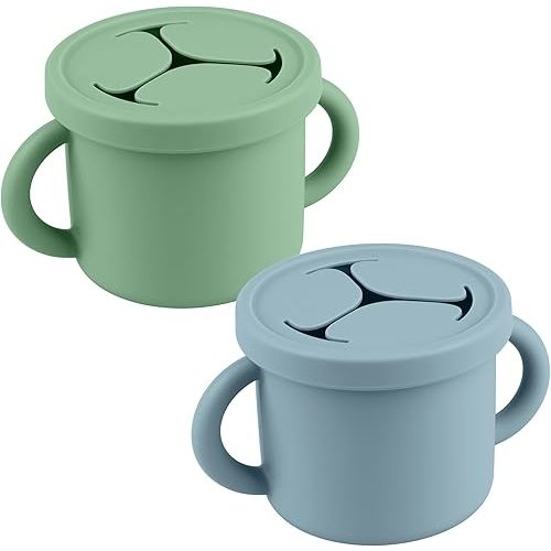 Mintlyfe Snack Containers for Toddlers, Kids - 2 Pack Food Grade Silicone Snack Cups with Grip Handle (Ether/Tender Steam)