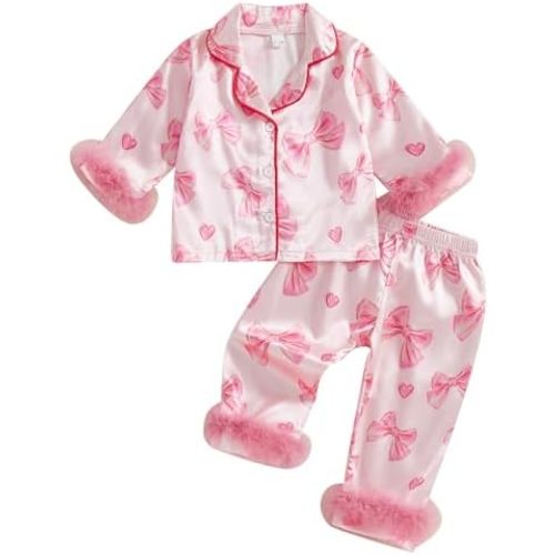 MAINESAKA Baby Girl Satin Pajamas Set Toddler 2 piece Button Up Pajamas Feather Trim Pjs Silk Cute Sleepwear Lounge Outfit