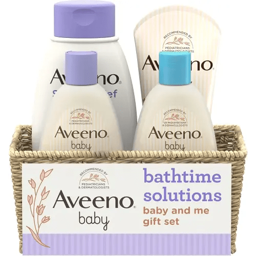 Aveeno Baby Bathtime Solutions Baby & Me Gift Set with Baby Wash & Shampoo, Calming Baby Bath, Baby Daily Moisturizing Lotion & Stress Relief Body Wash for Mom, Oatmeal, 4 Items