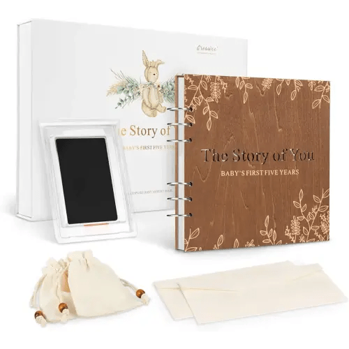 Wooden Keepsake Baby Memory Book Box Boys & Girls, First 5 Years Baby Milestone Book Gender Neutral Journal Memory Scrapbook, Baby Shower Keepsake Gift Set (Included Ink Pad/Keepsake Bags/Envelopes)