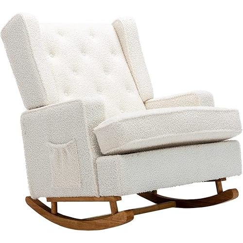 Dolonm Nursery Rocking Chair Upholstered Mid Century Modern Rocker Oversized Wingback Armchair for Living Room with Solid Wood Base (White Teddy)