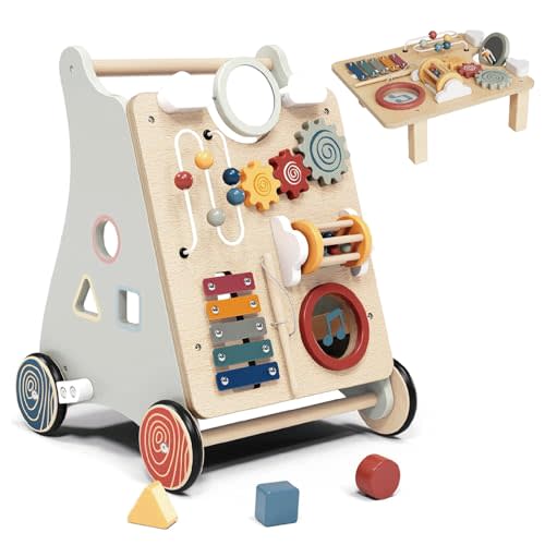 Baby Push Walker with Detachable Busy Board, Wooden Baby Walker with Adjustable Speed Wheels, Montessori Push Walker for Babies, Push Walking Toys for Boys & Girls 1 Year Old, Gifts for Toddler