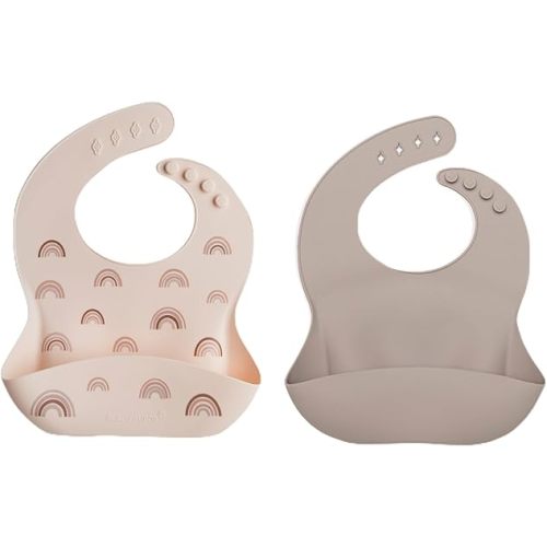 Loulou Lollipop 2 pack Silicone Bib set - Rainbow/Mushroom, waterproof 2 pk for baby, infant, toddler