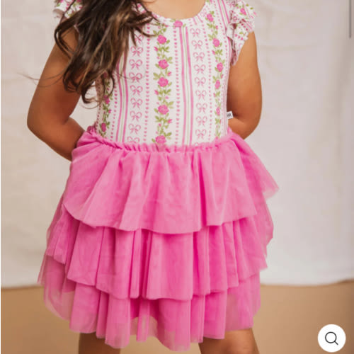 Bowquet of Roses Cap Sleeve Tulle Dress & Shorts Set