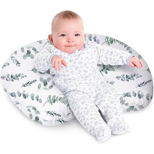Little Grape Land Nursing Pillow, Soft 100% Cotton Breastfeeding Pillow with Breathable Muslin Removable Cover, Green Leaves Breast Feeding Pillows for Babies 0-12 Months with Protective Zipper