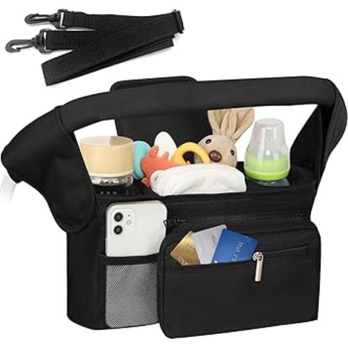 Universal Stroller Organizer with Insulated Cup Holders Detachable Phone Bag & Shoulder Strap, Stroller Accessories Fits for Britax, Uppababy, Baby Jogger, Bugaboo, BOB Stroller (Black)