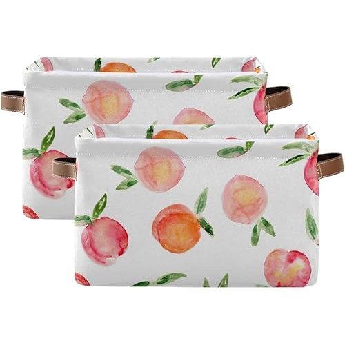 susiyo Large Foldable Storage Bin, Watercolor Peaches Fabric Storage Baskets Collapsible Decorative Baskets Organizing Basket Bin with PU Handles for Shelves Home Closet Bedroom Living Room-2Packs